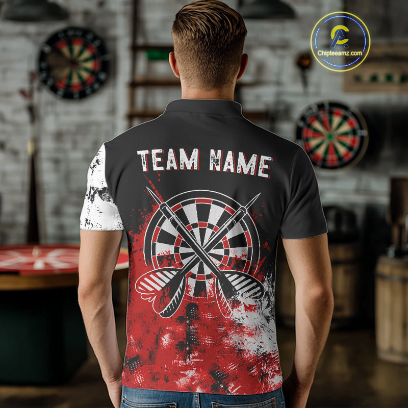Personalized Red Grunge Mens Dart Shirts Custom Dart Jerseys Team Polo & 1/4 Zip, Darts Uniform TDM5121
