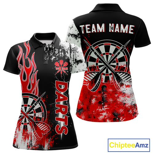 Personalized Red Grunge Womens Dart Shirts Custom Dart Jerseys Team Polo & 1/4 Zip, Darts Uniform TDM5121