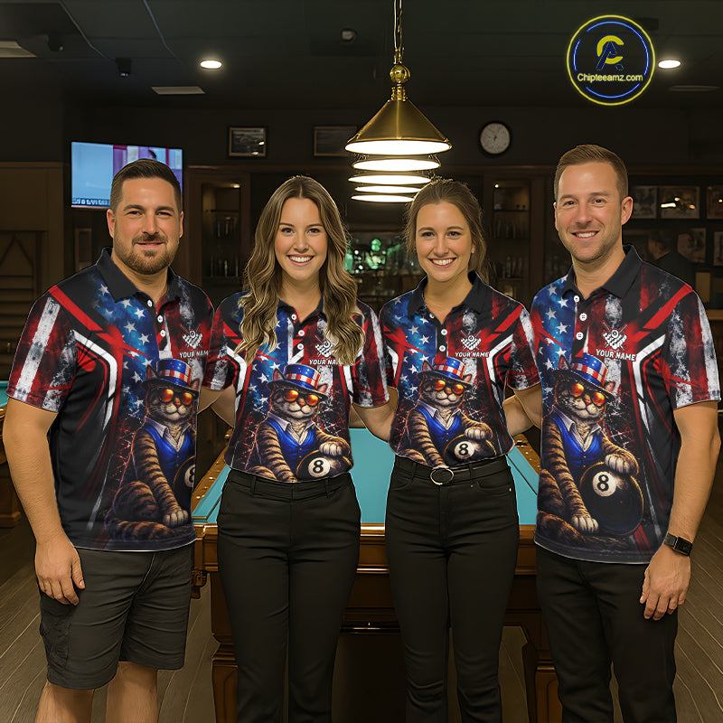Funny Cat 8 Ball Billiard Shirt For Men Custom Vintage US Flag Pool Team Jersey Polo & 1/4 Zip TDM5983