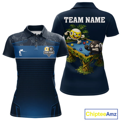 Blue Funny Tropical 8 Ball & 9 Ball Billiard Shirt For Women Custom Pool Team Jersey Polo & 1/4 Zip TDM6444