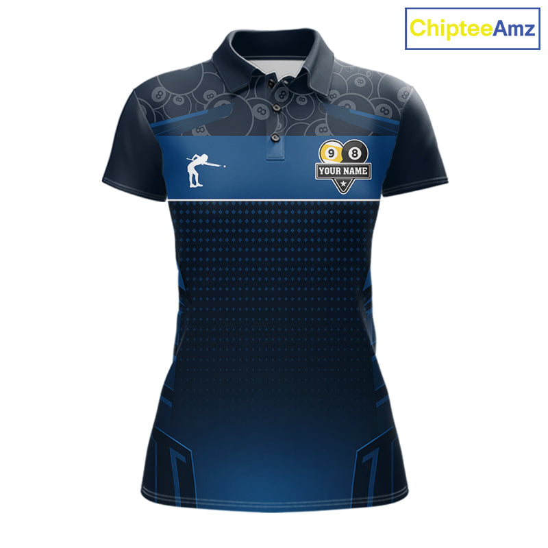 Blue Funny Cat 8 Ball & 9 Ball Billiard Shirt For Women Custom Pool Team Jersey Polo & 1/4 Zip TDM6445