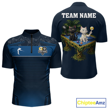 Blue Funny Cat 8 Ball & 9 Ball Billiard Shirt For Men Custom Pool Team Jersey Polo & 1/4 Zip TDM6445