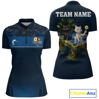 Blue Funny Cat 8 Ball & 9 Ball Billiard Shirt For Women Custom Pool Team Jersey Polo & 1/4 Zip TDM6445