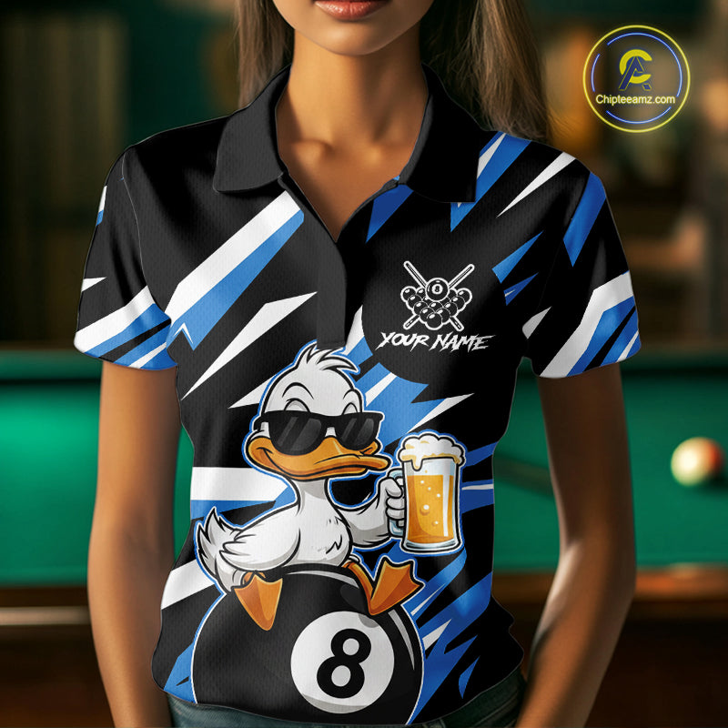 Custom Blue Funny Duck 8 Ball Pool Billiard Shirt For Women, Billiard Team Jersey Polo & 1/4 Zip TDM6450