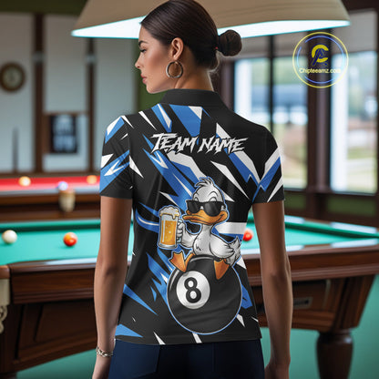 Custom Blue Funny Duck 8 Ball Pool Billiard Shirt For Women, Billiard Team Jersey Polo & 1/4 Zip TDM6450
