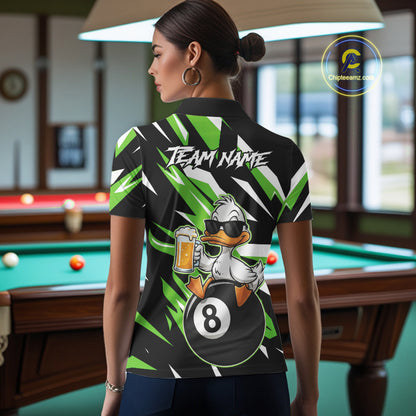 Custom Green Funny Duck 8 Ball Pool Billiard Shirt For Women, Billiard Team Jersey Polo & 1/4 Zip TDM6451