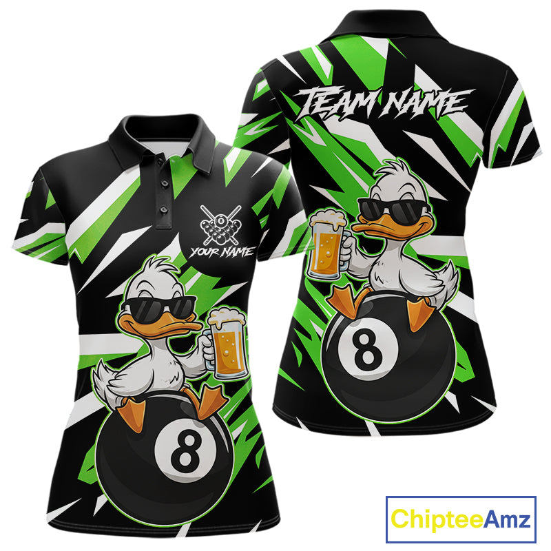 Custom Green Funny Duck 8 Ball Pool Billiard Shirt For Women, Billiard Team Jersey Polo & 1/4 Zip TDM6451