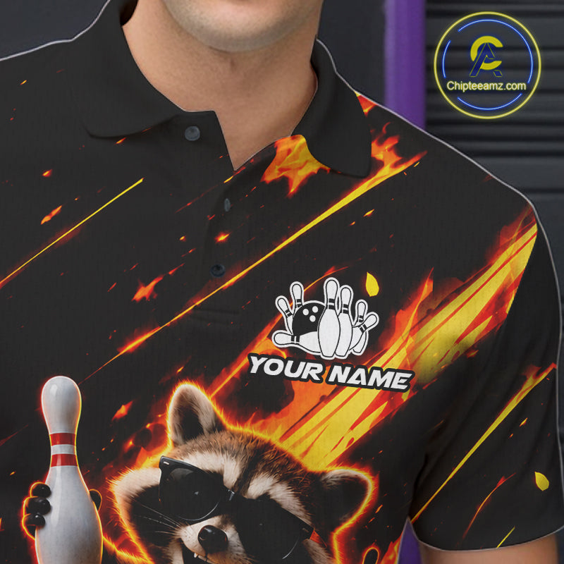 Close up of funny raccoon flame bowling polo shirt collar, buttons and chest design.