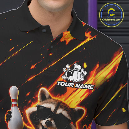 Close up of funny raccoon flame bowling polo shirt collar, buttons and chest design.