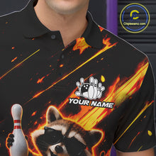 Load image into Gallery viewer, Close up of funny raccoon flame bowling polo shirt collar, buttons and chest design.