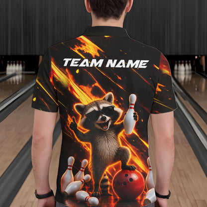 Man wearing funny raccoon flame bowling polo shirt back view.