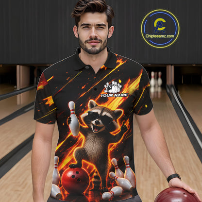 Man wearing funny raccoon flame bowling polo shirt front view.