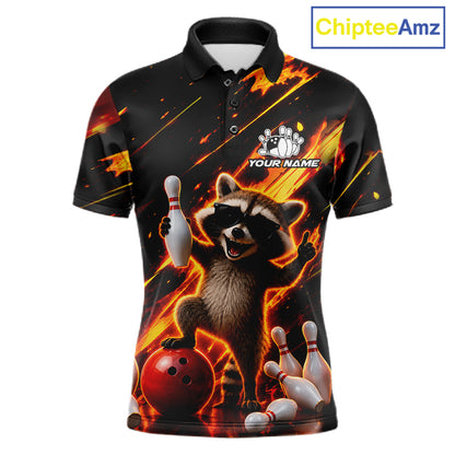 Funny raccoon flame bowling polo shirt for men, custom bowling team jersey and bowling gift.