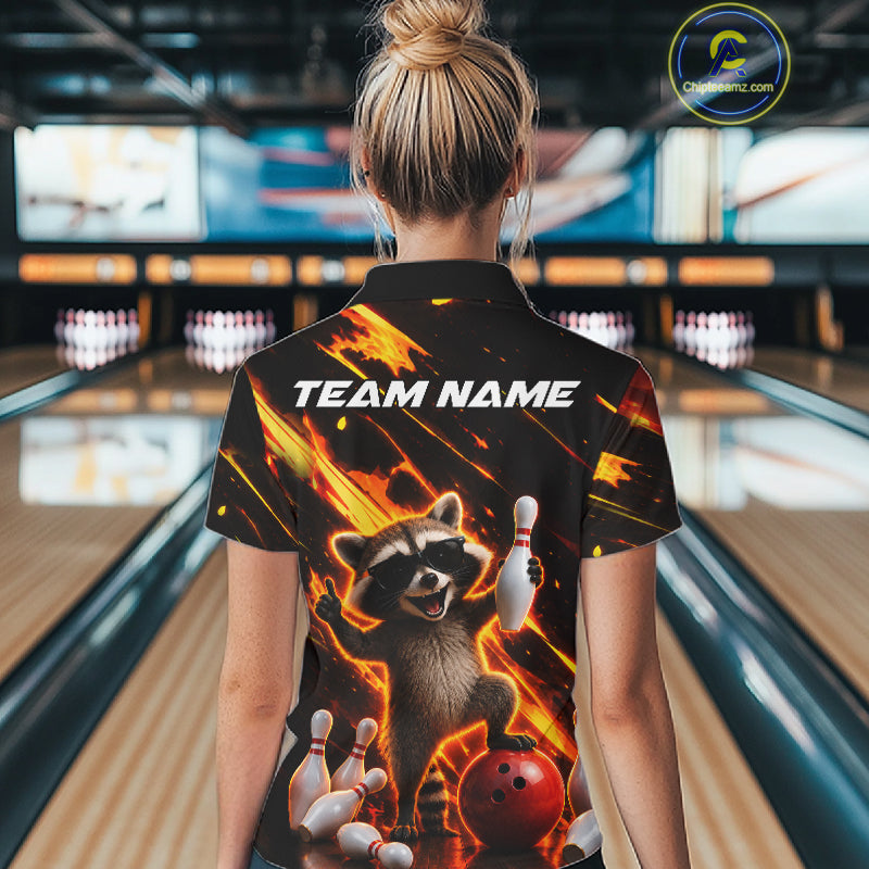 Woman wearing funny raccoon flame bowling polo shirt back view.