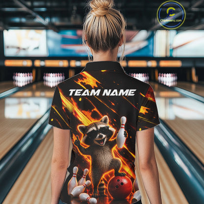 Woman wearing funny raccoon flame bowling polo shirt back view.