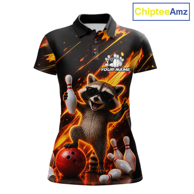 Funny raccoon flame bowling polo shirt for women, custom bowling team jersey and bowling gift.