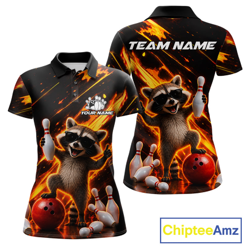 Funny raccoon flame bowling team polo shirt for women with playful raccoon artwork.
