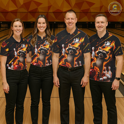 Bowling team wearing matching funny raccoon flame jerseys front view.
