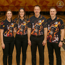 Load image into Gallery viewer, Bowling team wearing matching funny raccoon flame jerseys front view.