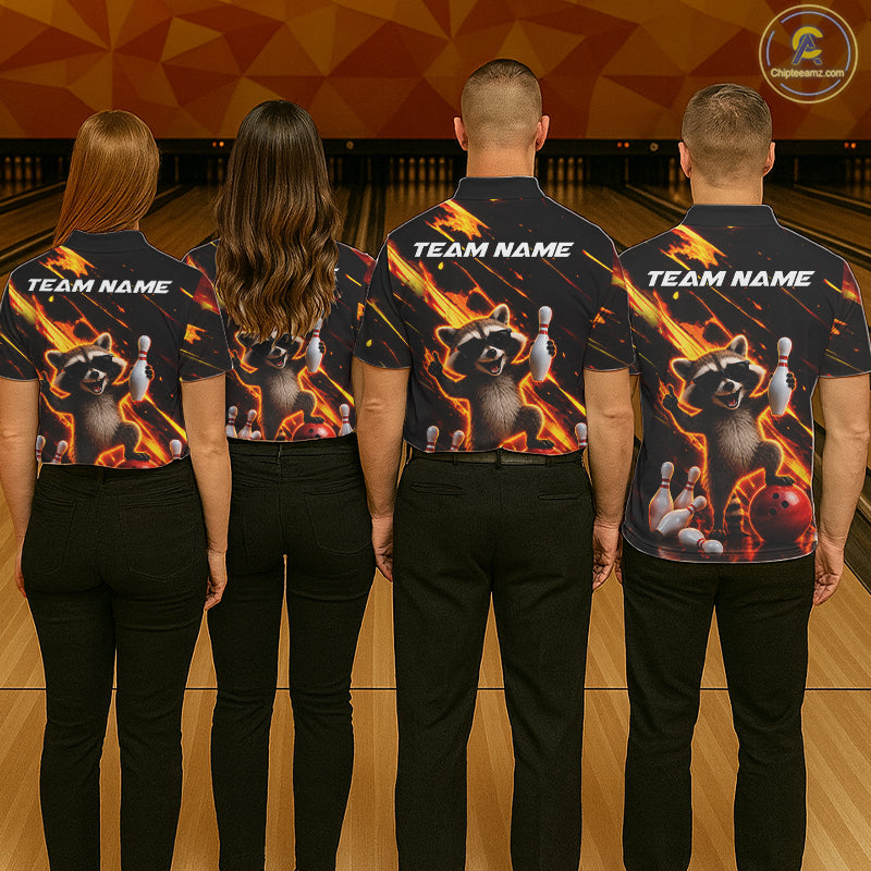 Bowling team wearing matching funny raccoon flame jerseys back view.