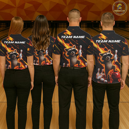 Bowling team wearing matching funny raccoon flame jerseys back view.