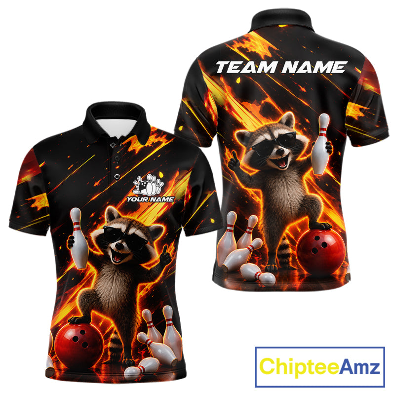 Funny raccoon flame bowling team polo shirt for men with playful raccoon artwork.