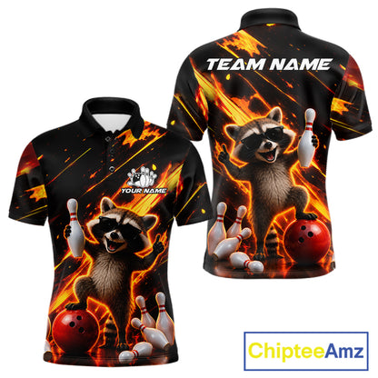 Funny raccoon flame bowling team polo shirt for men with playful raccoon artwork.