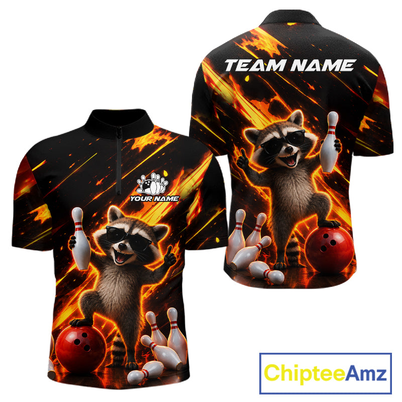 Funny raccoon flame bowling quarter zip shirt for men, custom bowling league jersey.
