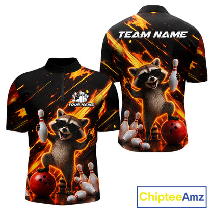 Funny raccoon flame bowling quarter zip shirt for men, custom bowling league jersey.
