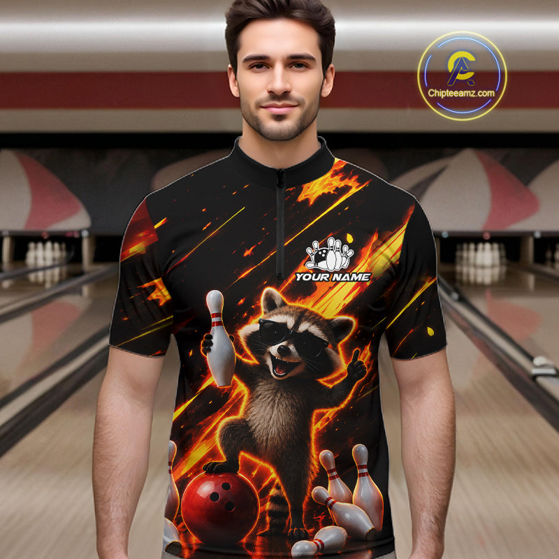 Man wearing funny raccoon flame bowling quarter zip shirt front view.