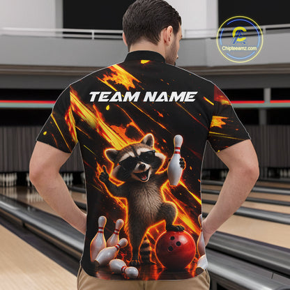 Man wearing funny raccoon flame bowling quarter zip shirt back view.