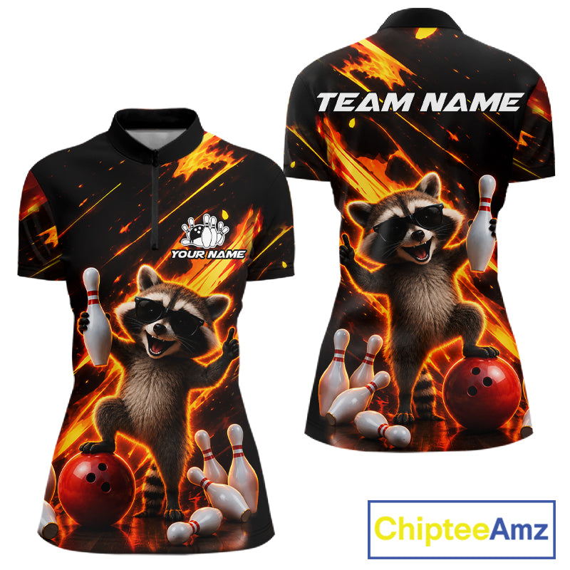Funny raccoon flame bowling quarter zip shirt for women, custom bowling league jersey.