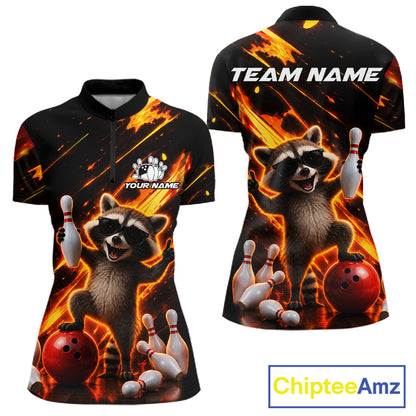 Funny raccoon flame bowling quarter zip shirt for women, custom bowling league jersey.