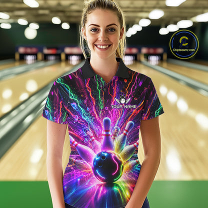 Woman wearing colorful glowing bowling polo shirt front view.