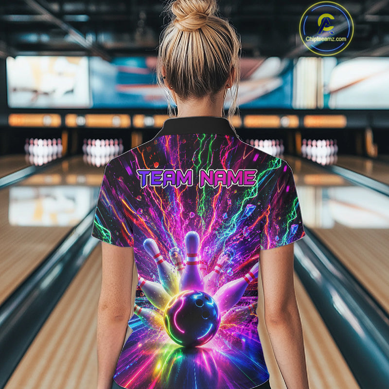 Woman wearing colorful glowing bowling polo shirt back view.