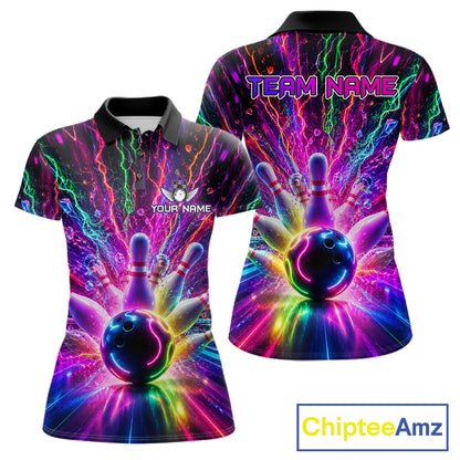 Colorful glowing bowling team polo shirt for women with vibrant neon graphics.