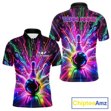 Load image into Gallery viewer, Colorful glowing bowling team polo shirt for men with vibrant neon graphics.