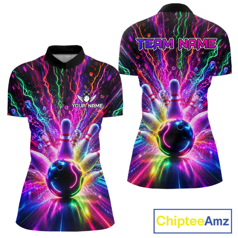 Colorful glowing bowling quarter zip shirt for women, custom bowling league jersey.