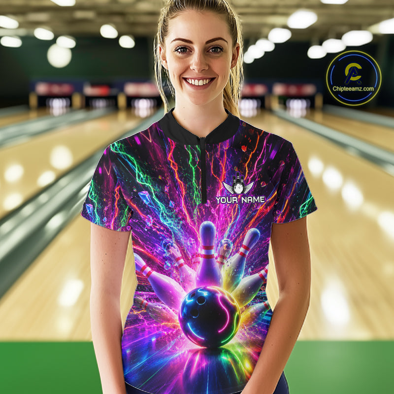 Woman wearing colorful glowing bowling quarter zip shirt front view.