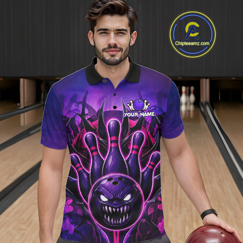 Man wearing purple neon monster bowling polo shirt front view.