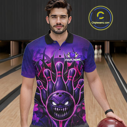 Man wearing purple neon monster bowling polo shirt front view.