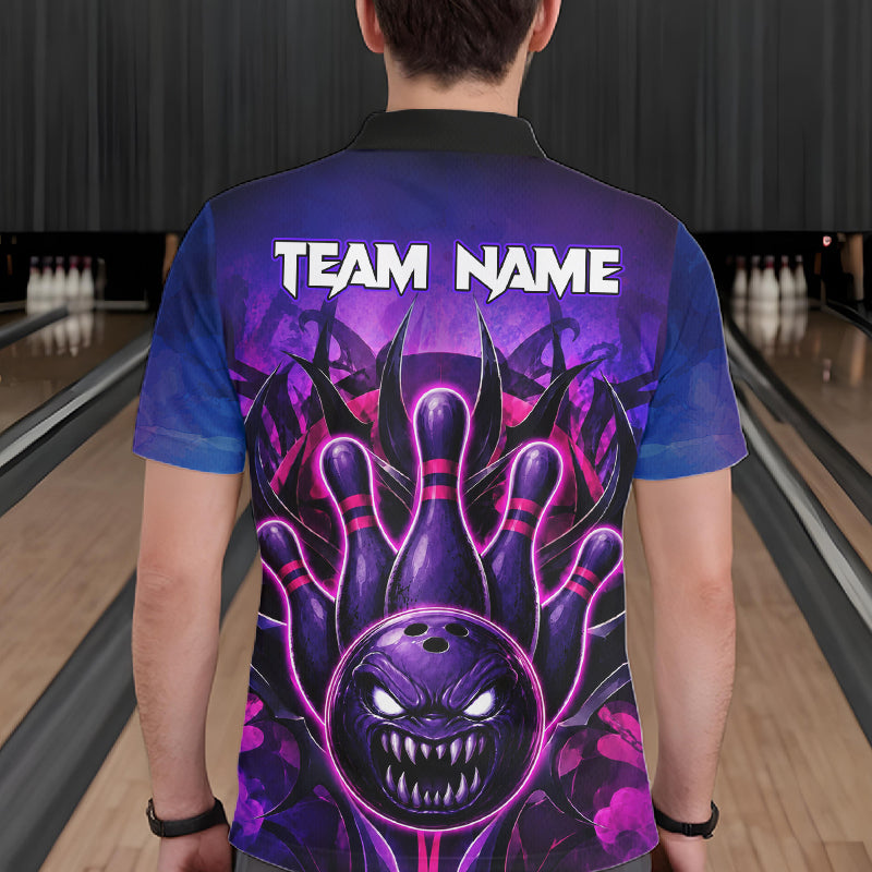Man wearing purple neon monster bowling polo shirt back view.