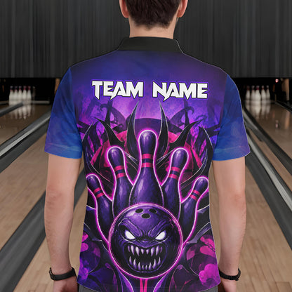 Man wearing purple neon monster bowling polo shirt back view.