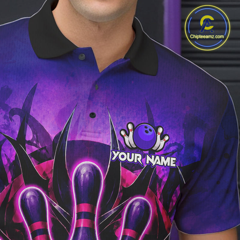 Close up of purple neon monster bowling polo shirt collar, buttons and chest design.
