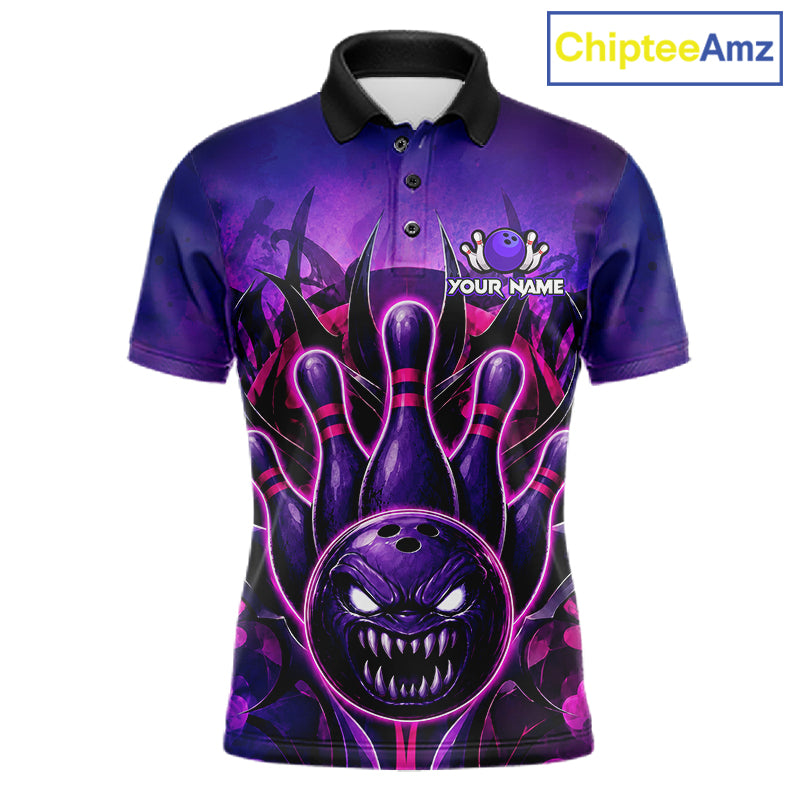 Purple neon monster bowling polo shirt for men, custom bowling league team jersey.