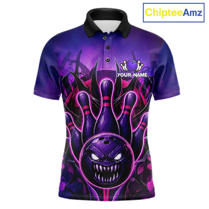 Purple neon monster bowling polo shirt for men, custom bowling league team jersey.