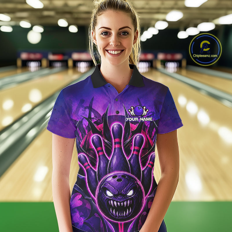 Woman wearing purple neon monster bowling polo shirt front view.