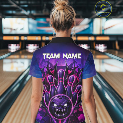 Woman wearing purple neon monster bowling polo shirt back view.
