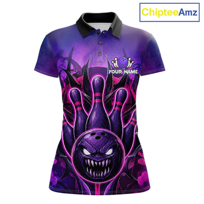 Purple neon monster bowling polo shirt for women, custom bowling league team jersey.