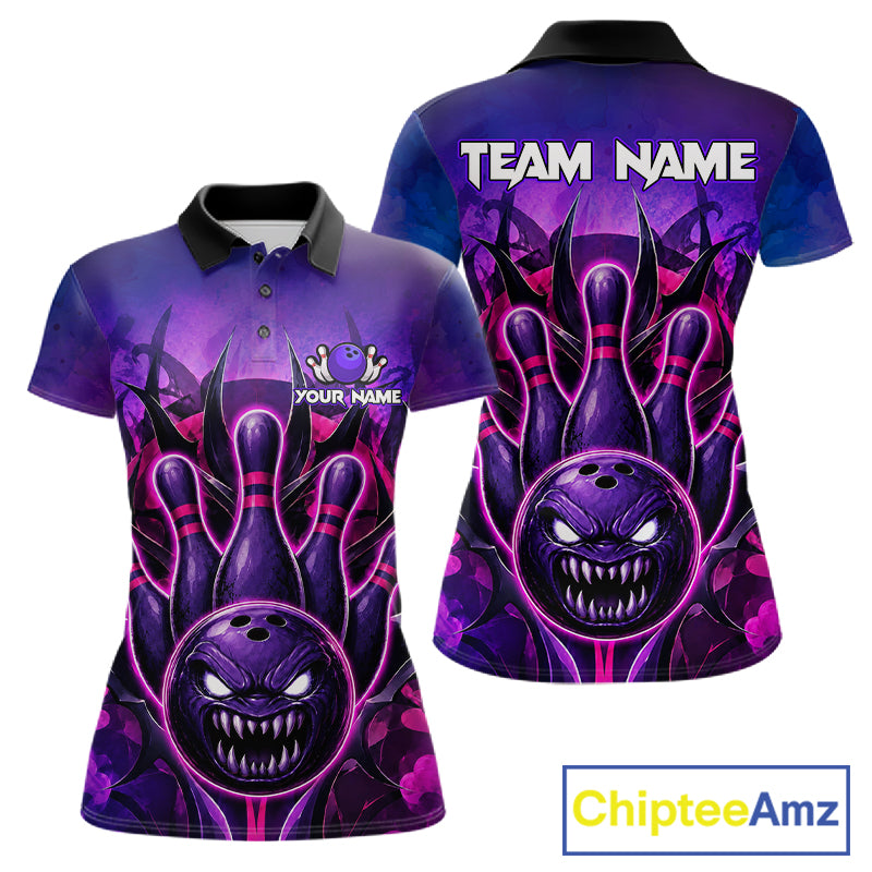 Purple neon monster bowling team polo shirt for women with glowing monster artwork.